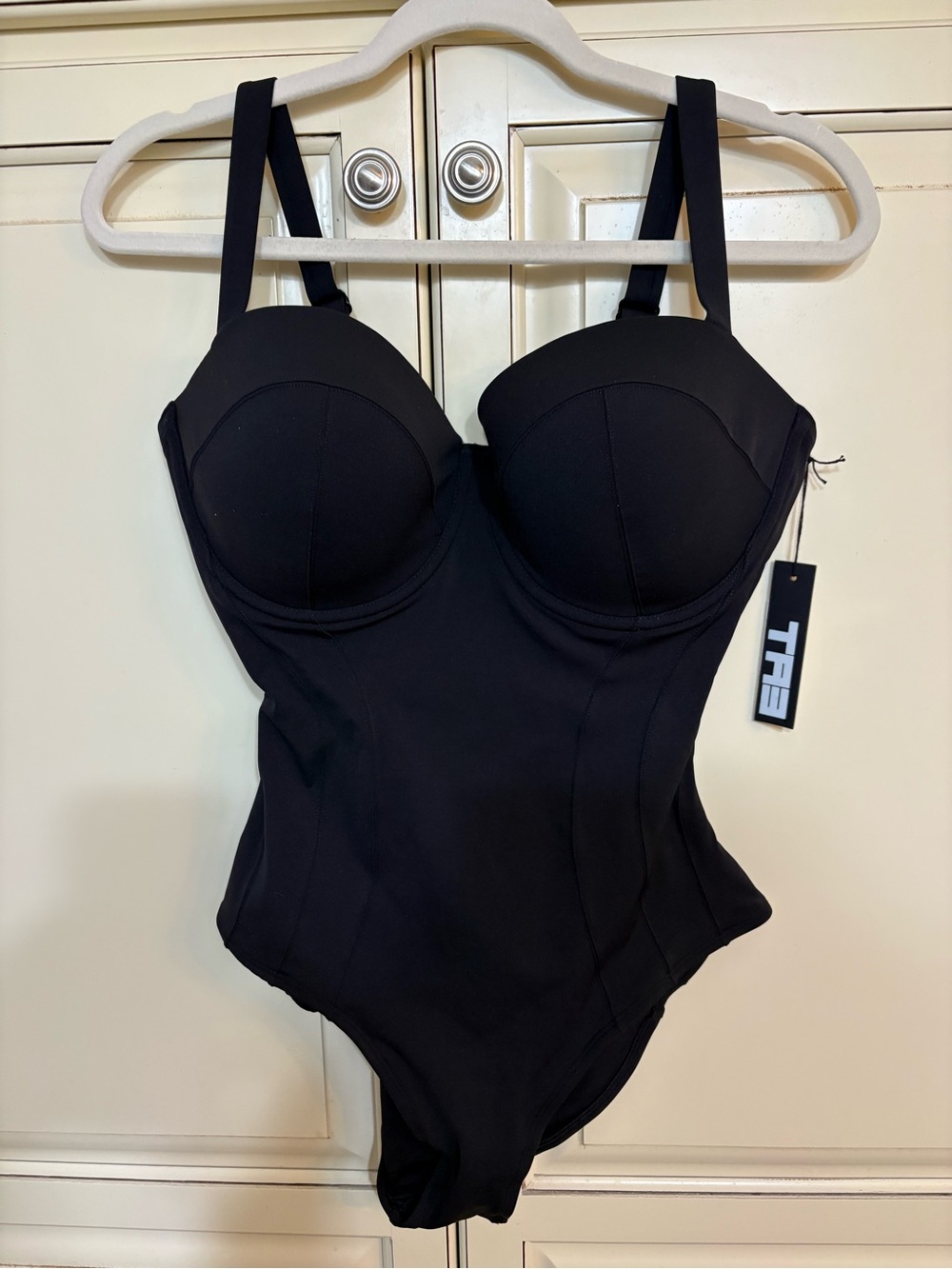 TA3 Black Structured One-Piece Bodysuit with Molded Cups and adjustable straps